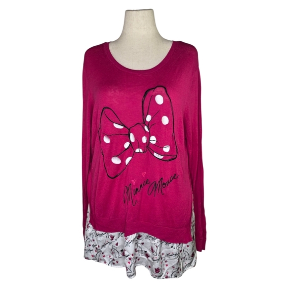 Disney Parks Minnie Mouse Bow Pink Layered Long Sleeve Sweater XL - Picture 1 of 6